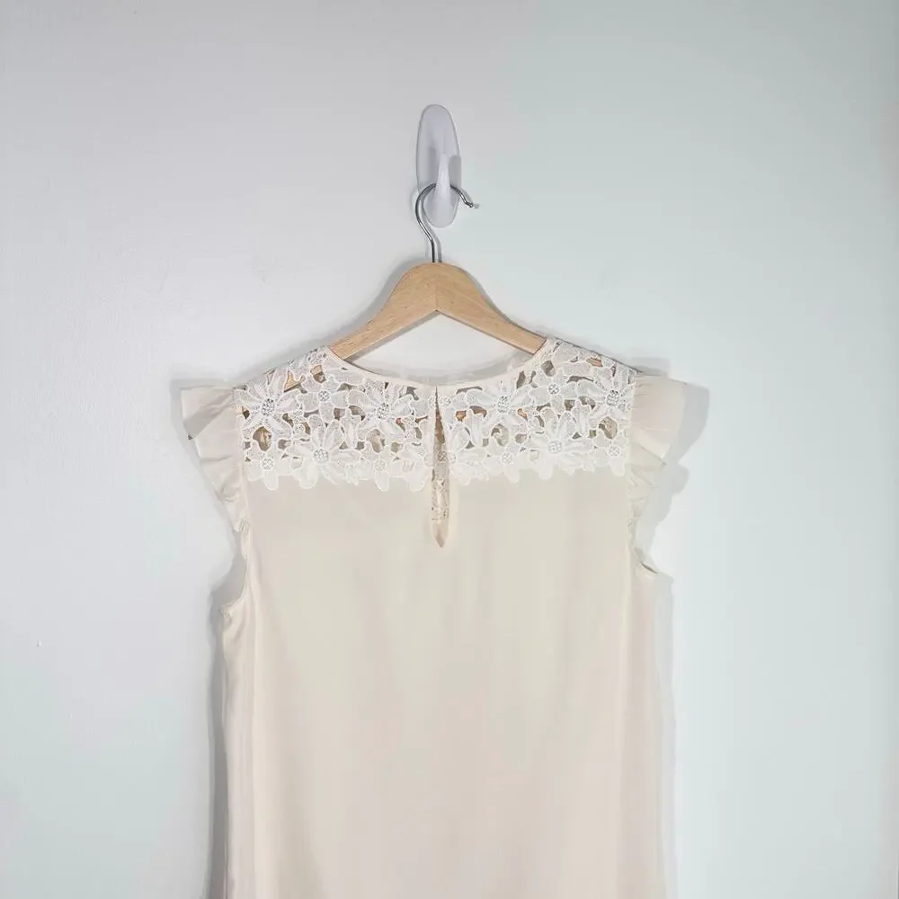Kate Spade Silk Sleeveless Ruffle Floral Lace Top | Cream | SZ XS